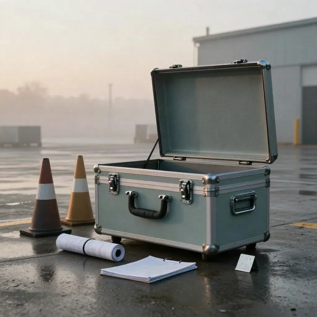 Matte audit flight case with dock cones, route tube and pallet marker on a misty loading dock at dawn.