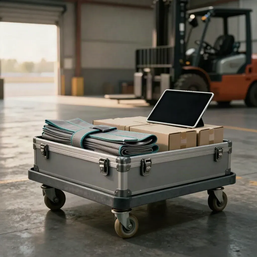 Warehouse cart with planning case, straps, cartons and tablet in dramatic light
