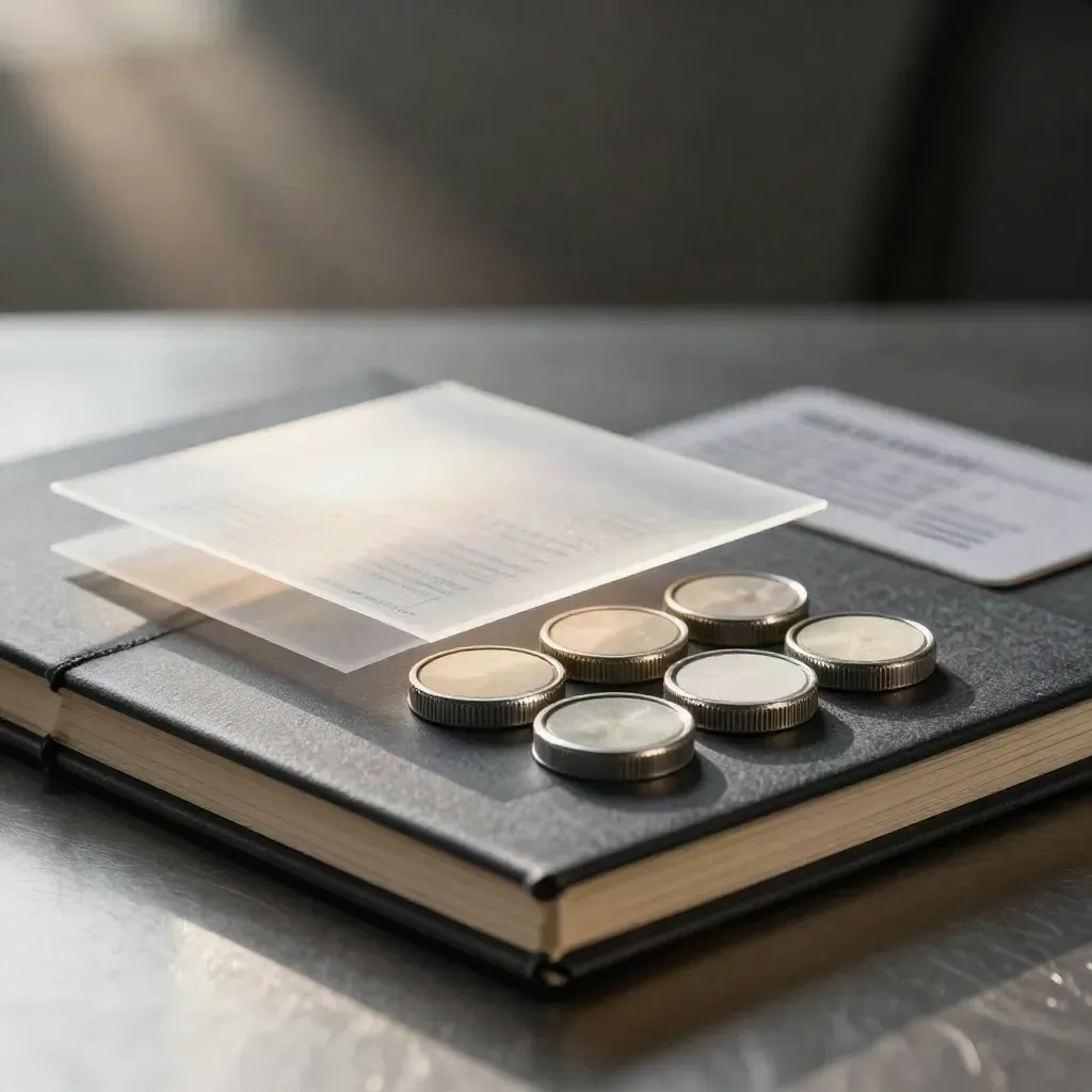 Macro of a closed notebook, translucent sheets, and calibration chips on brushed steel.