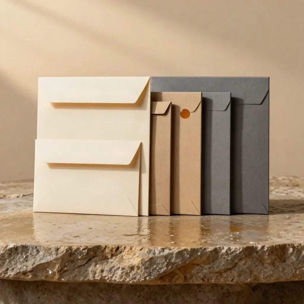 Overhead flatlay of cream inventory policy tabs, sleeves, and sealed cartons on wet stone.