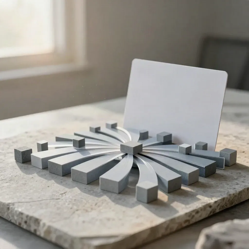Modular site blocks and lane arcs on stone, with a blurred standing card behind