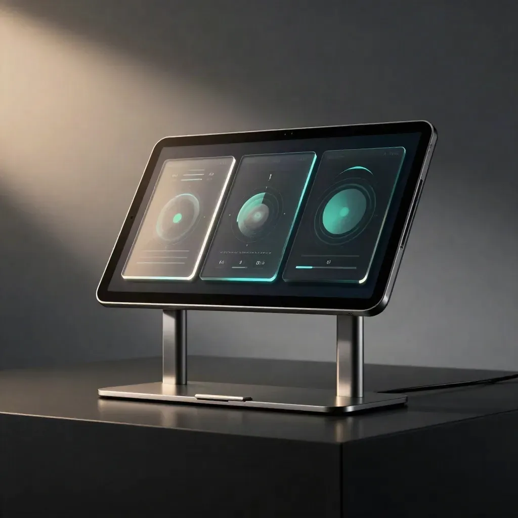 Dark glass dashboard tablet on metal stands with teal-lit indicator tiles in a dim studio.