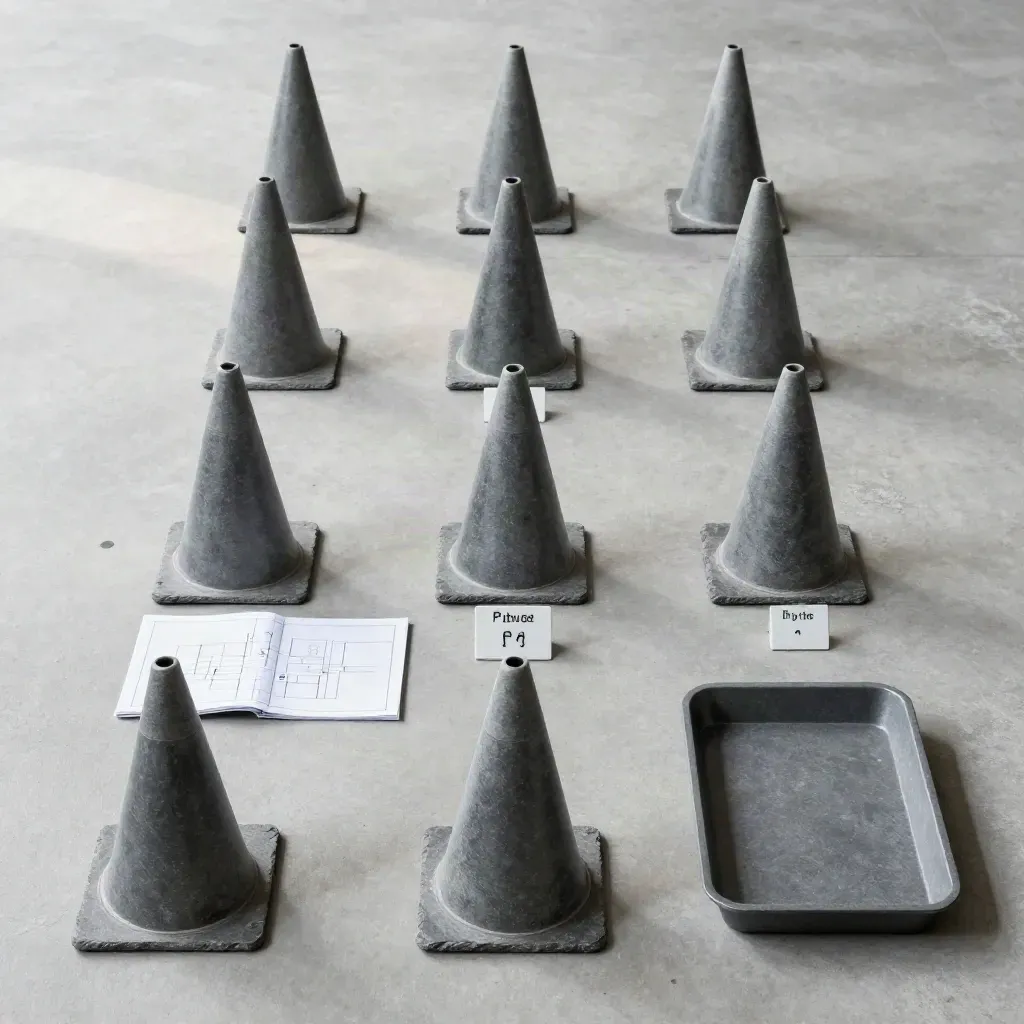 Overhead flatlay of dock cones, pallet markers, folded board and tray on concrete.