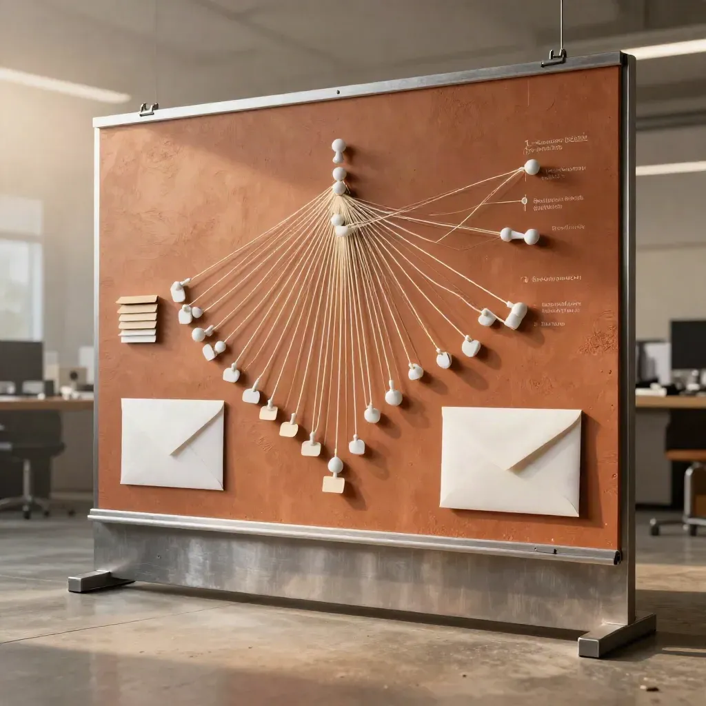 Low-angle supplier risk map board with pins, threads, sample envelope and ledger box.