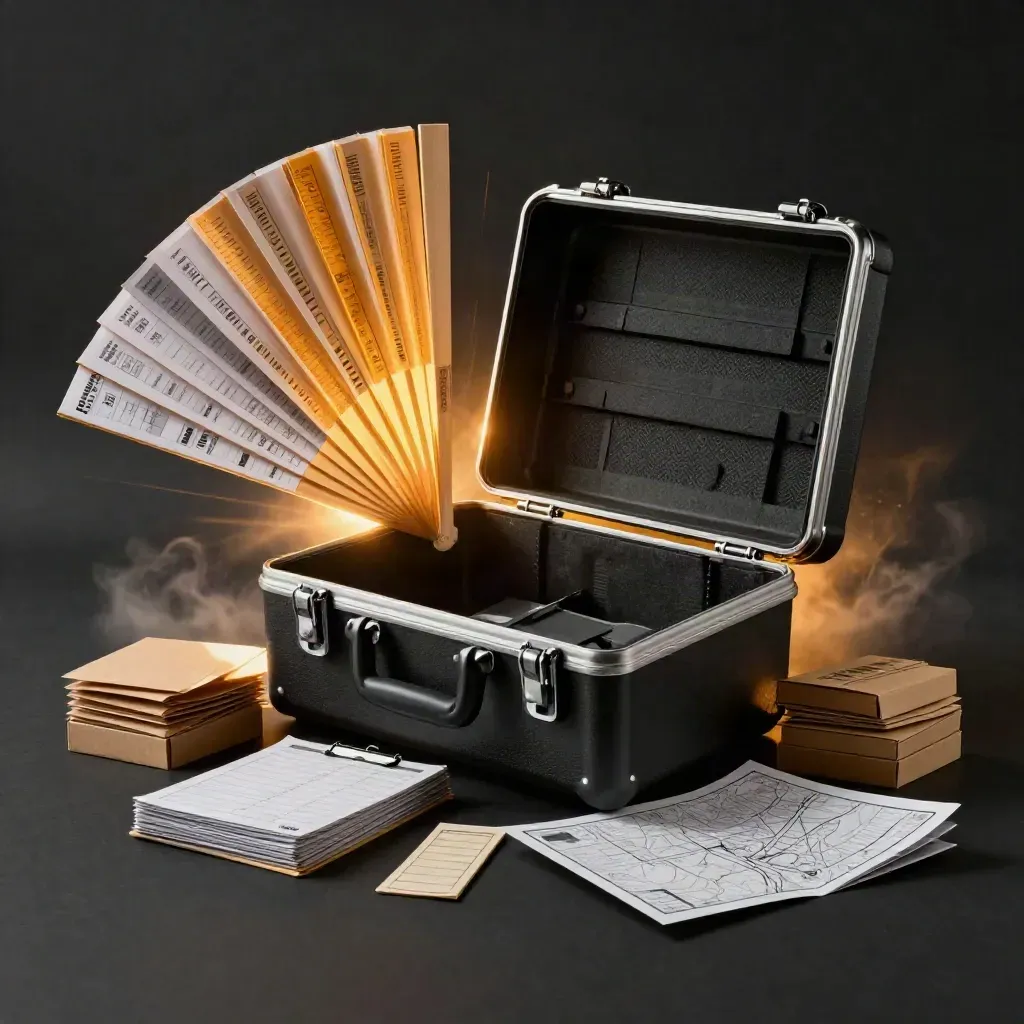 Open supply plan kit with cartons and amber route markers bursting in a dark studio