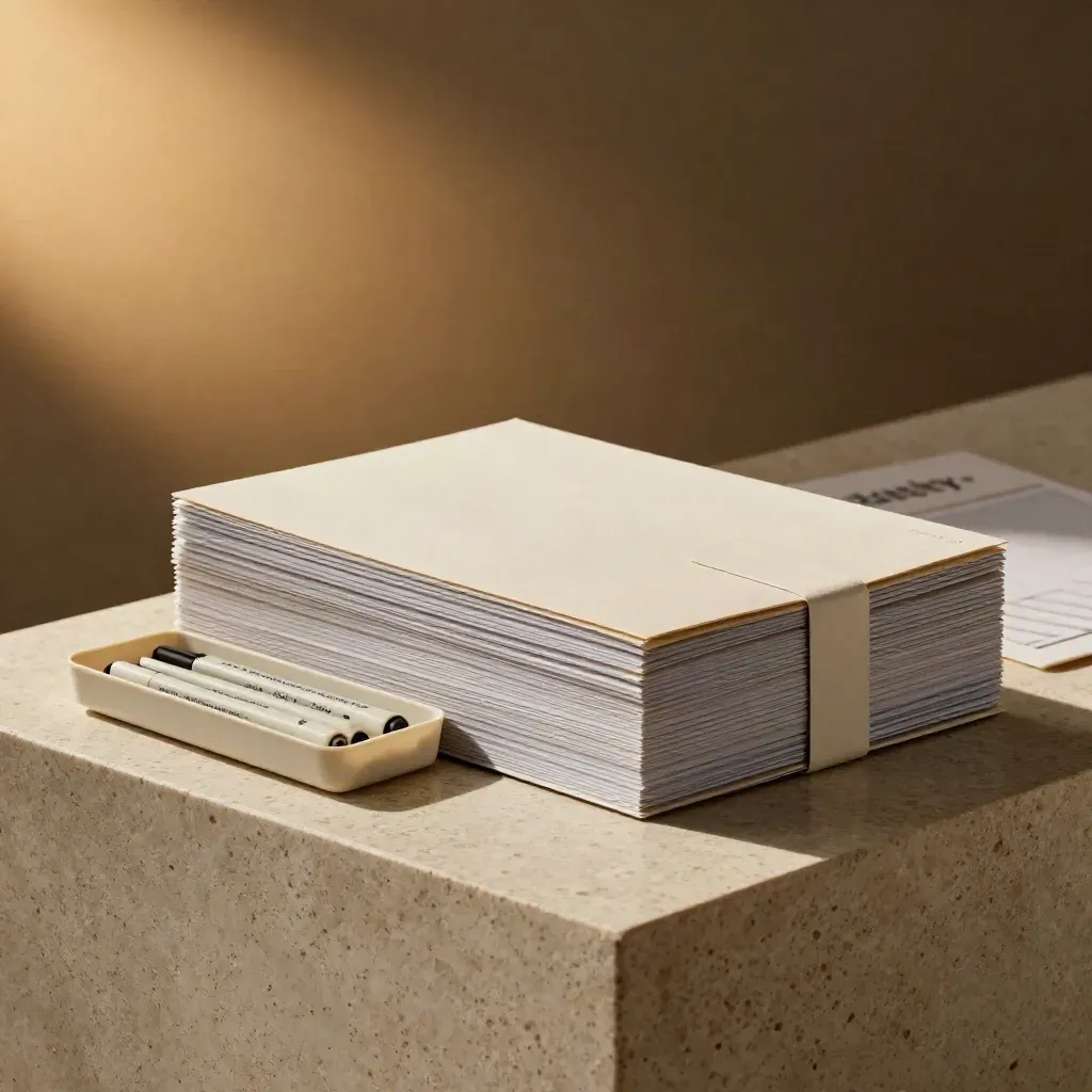 Slate freight review folders, route tokens and sealed case on travertine plinth, studio-lit hero