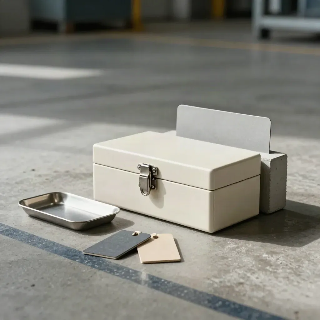 Plant audit sample box, floor tokens, steel tray, and concrete block on a factory floor