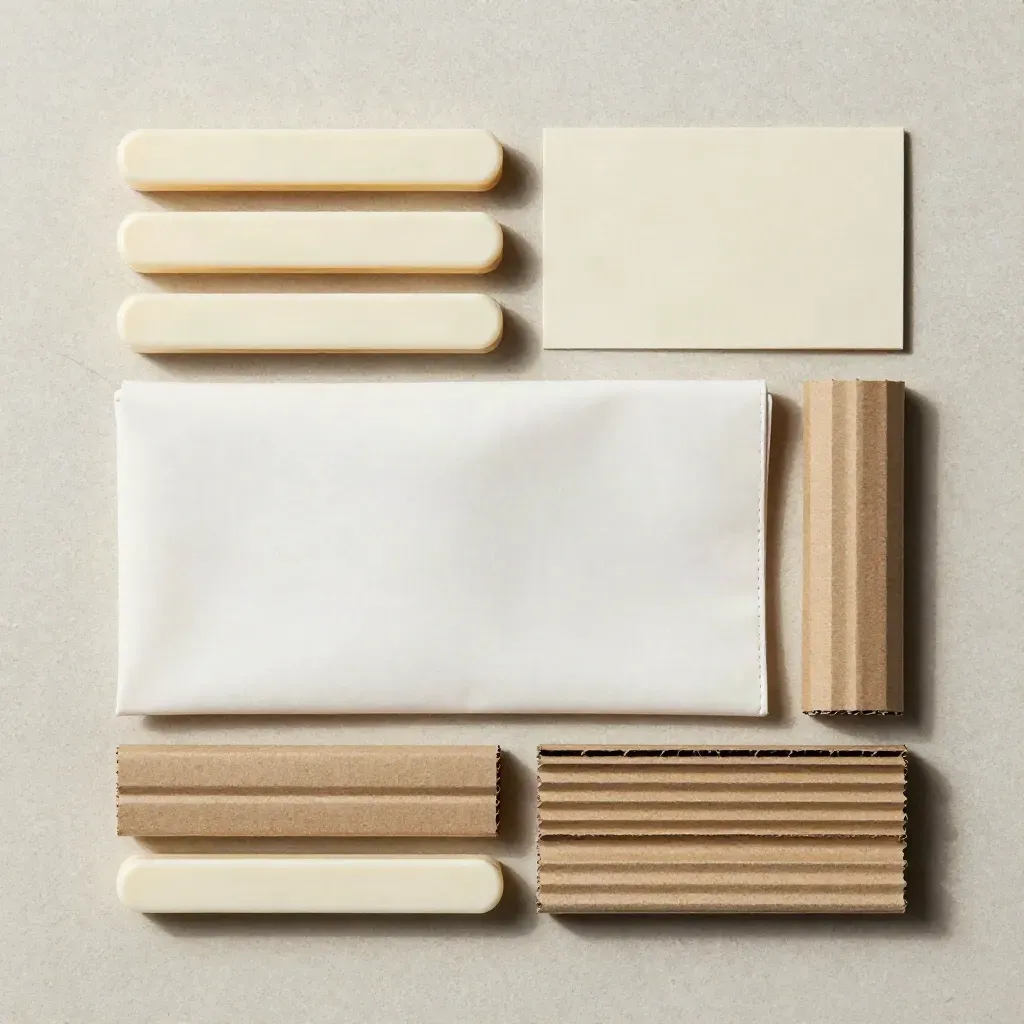 Overhead flatlay of cream shelf markers, a folded pouch, and two cardboard sleeves on stone.