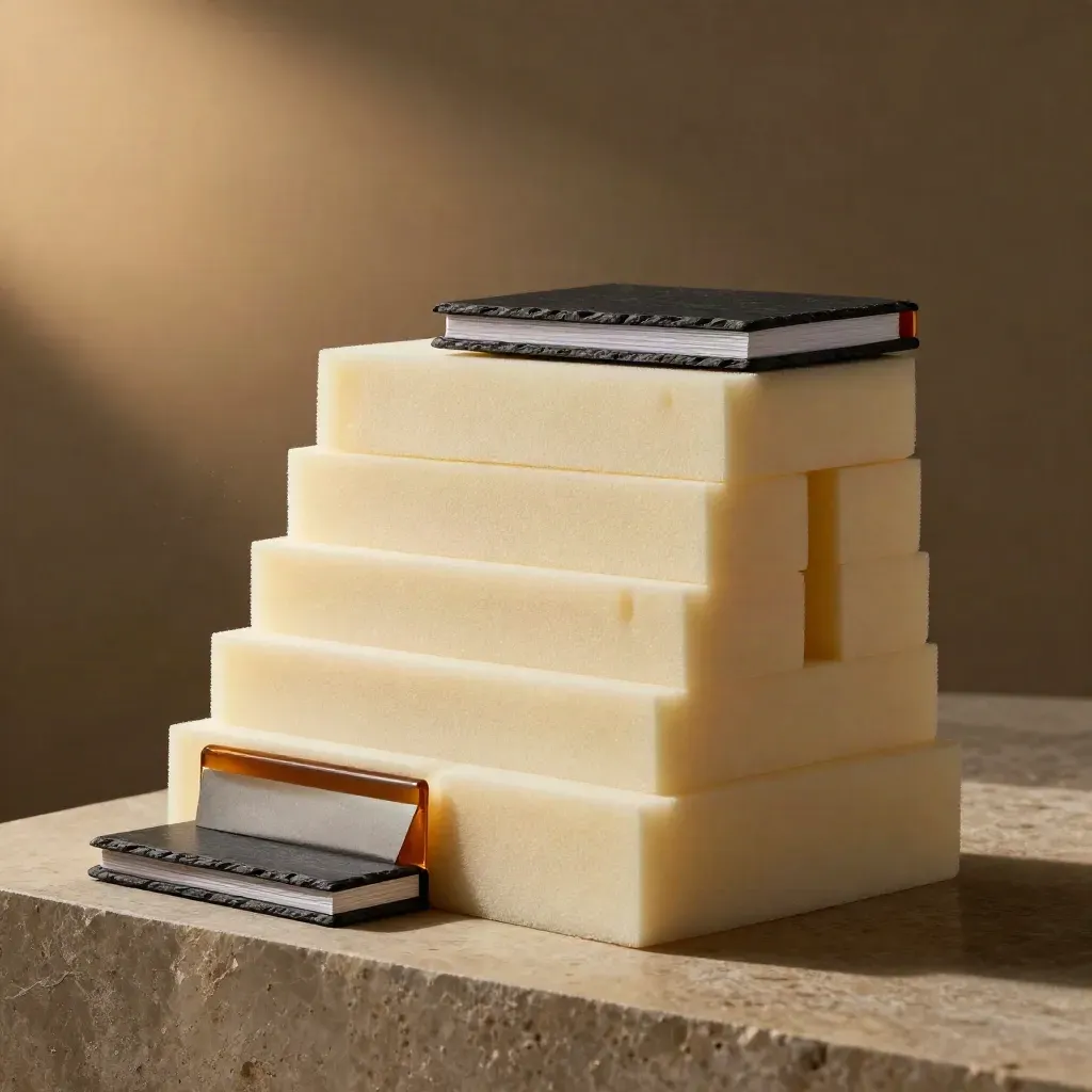 Stepped cream foam blocks and a slate binder on limestone with a soft amber glow.