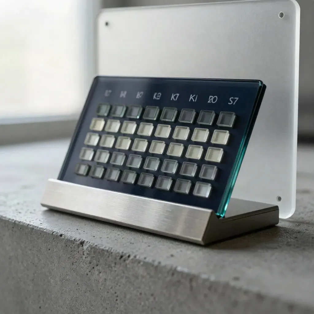 Dark glass KPI display with indicator chips on brushed metal, shot on cool concrete.