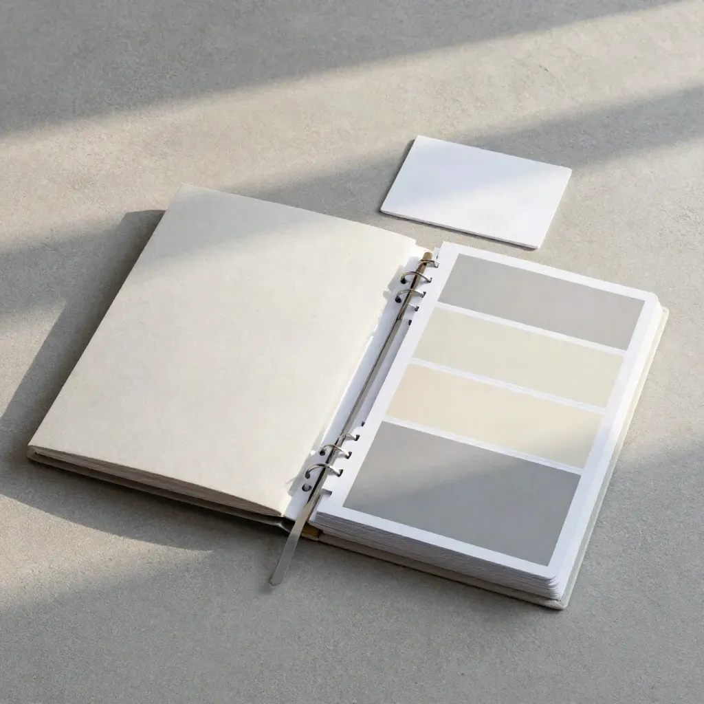 Overhead runbook kit with binder, fanned cards and dividers on concrete.