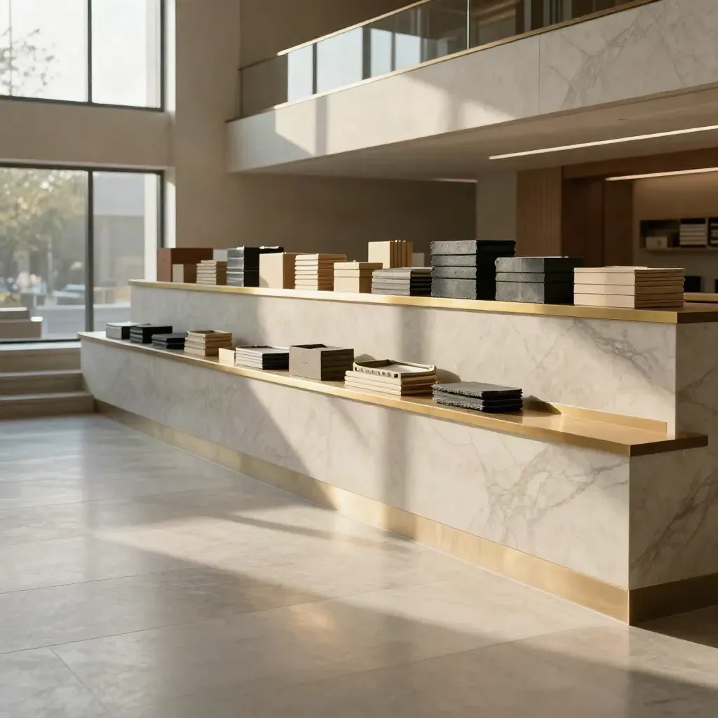 Sunlit marble atrium stair landing with brass edging, calm lower floor, and soft haze