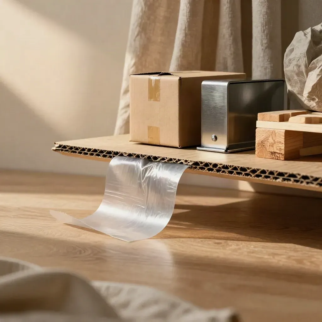 Macro of shipping cartons, stretch wrap and pallet wood on a warm oak shelf in soft sun