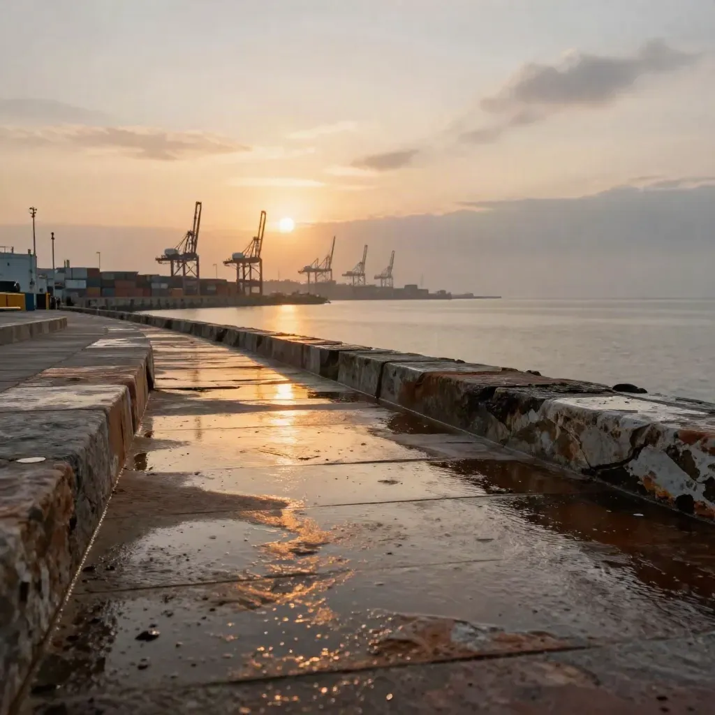 Rain-cleared stone terrace above an industrial harbour at sunset, cranes glowing in sea mist.