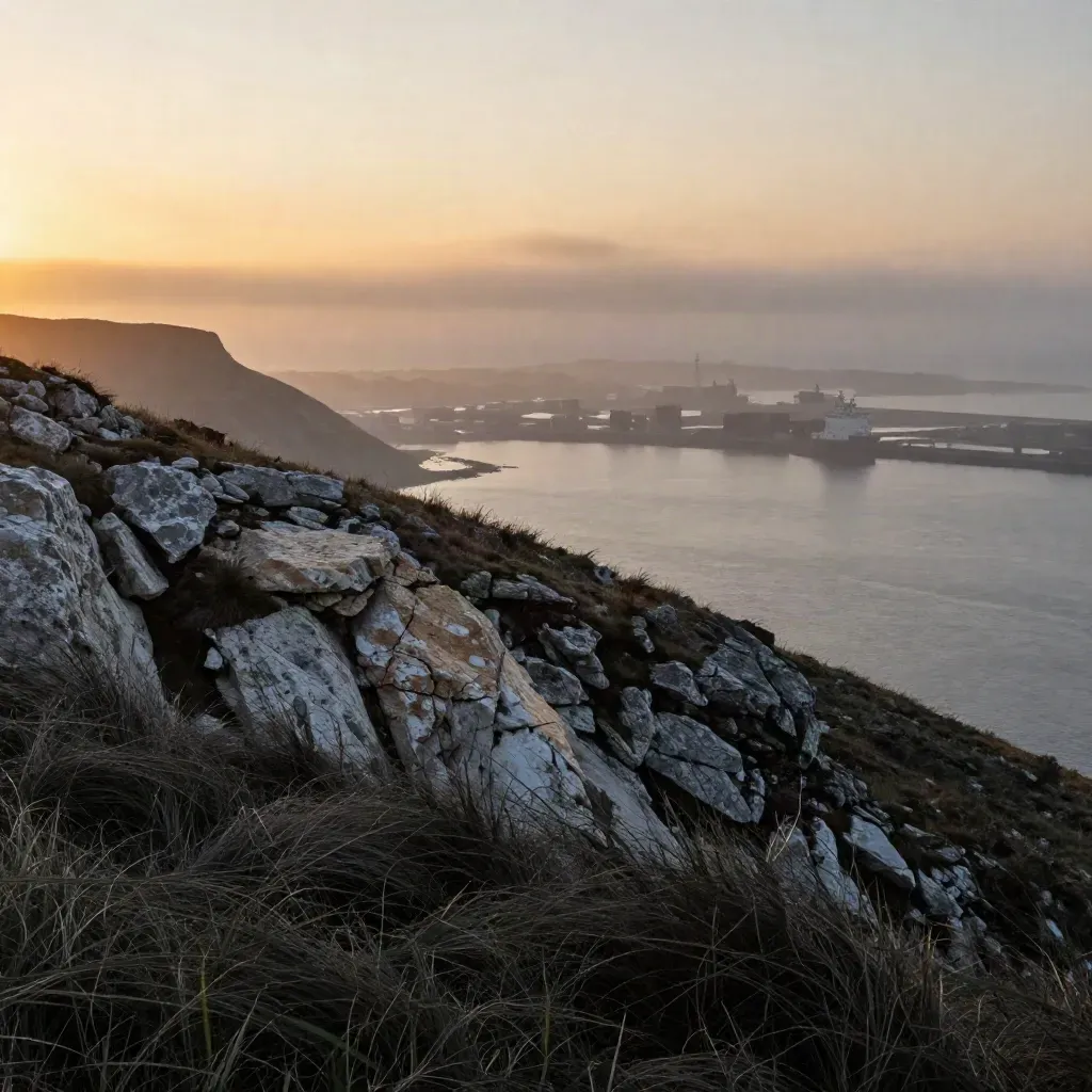 Foggy coastal ridge above a port basin with distant container silhouettes at dawn.